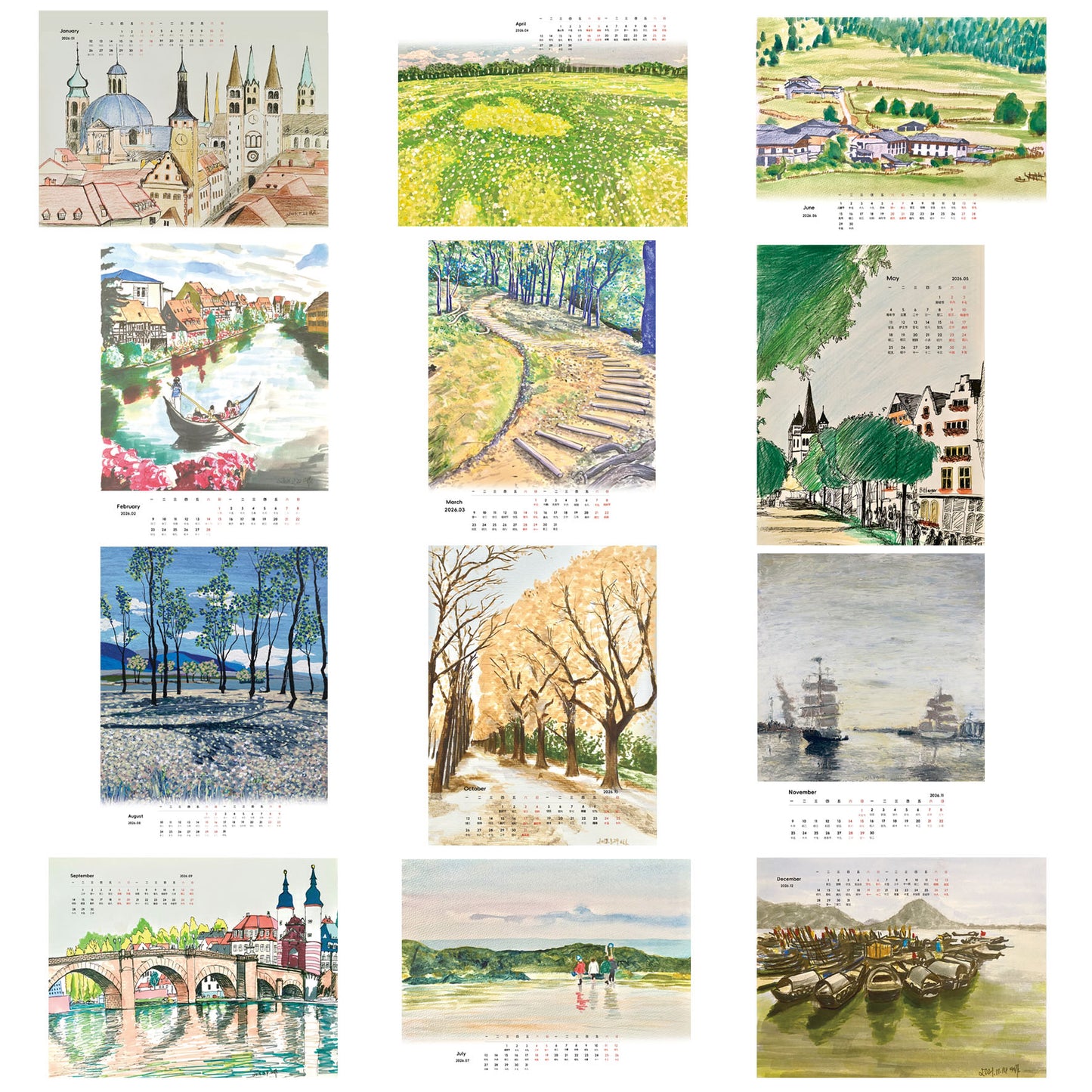 Original Hand-Drawn Wooden Calendar 2026